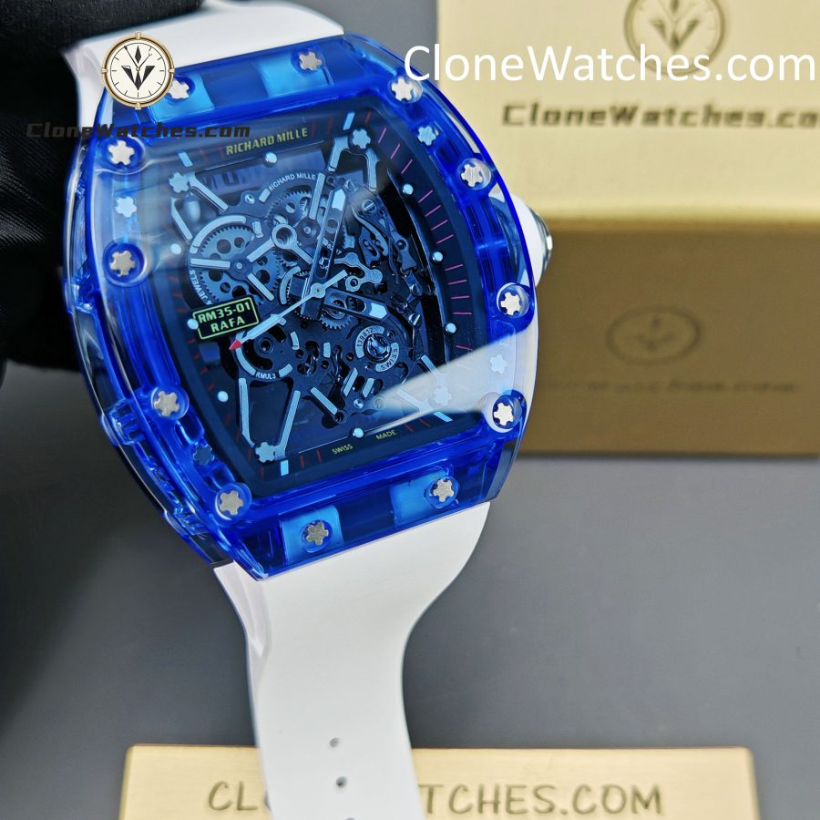 Richard Mille Super Clone Watches 1:1 RM 035 Blue Crystal Tourbillon Transparent Strap - Image 4