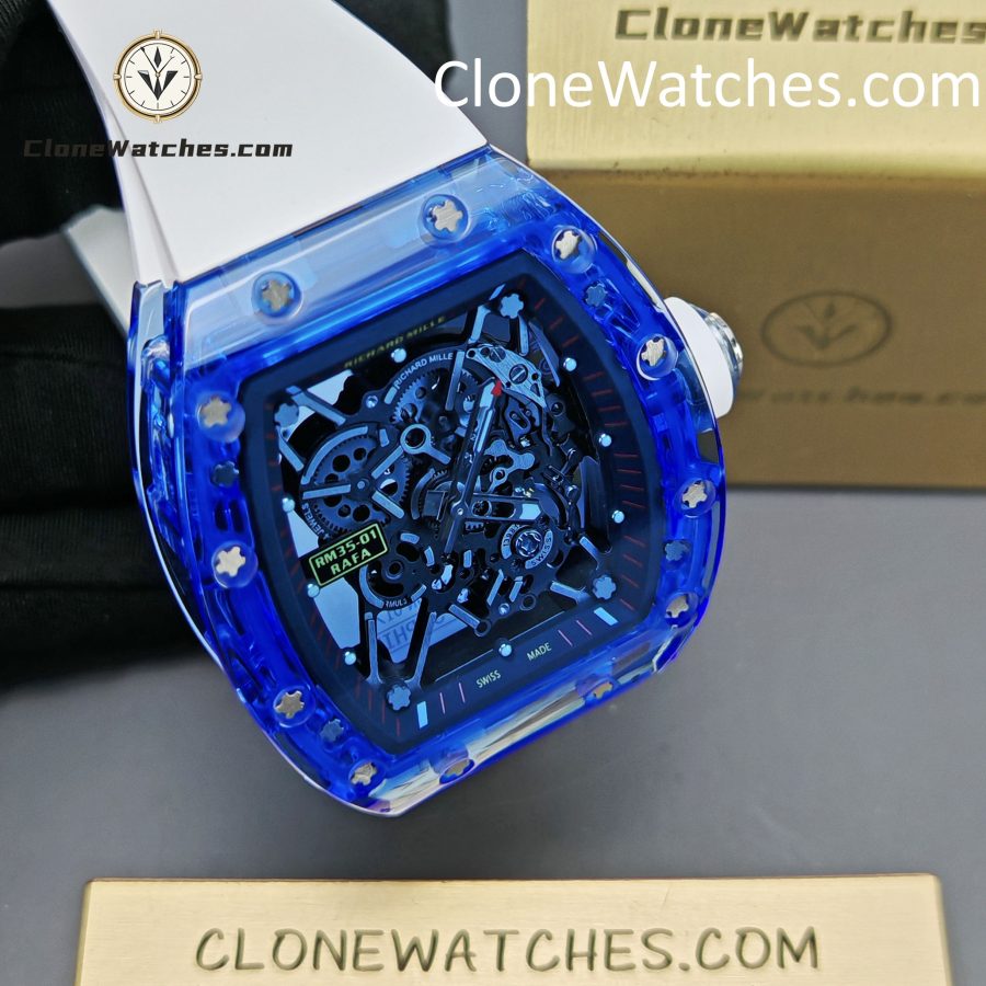 Richard Mille Super Clone Watches 1:1 RM 035 Blue Crystal Tourbillon Transparent Strap - Image 5