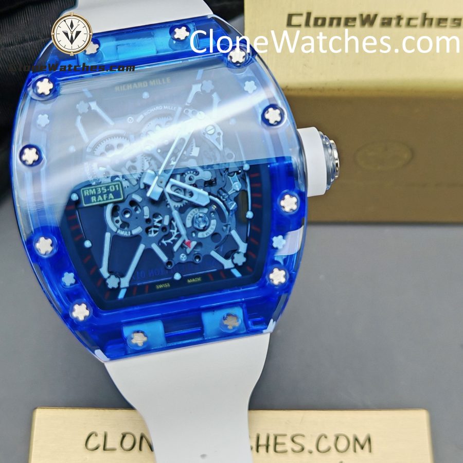 Richard Mille Super Clone Watches 1:1 RM 035 Blue Crystal Tourbillon Transparent Strap - Image 6
