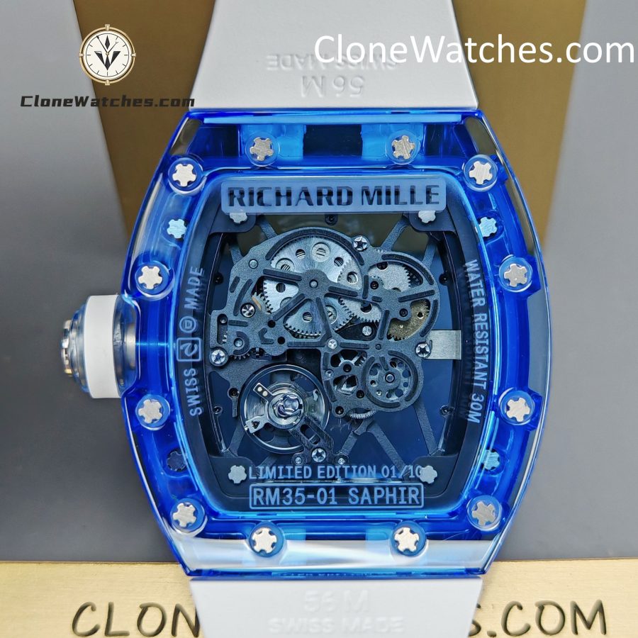 Richard Mille Super Clone Watches 1:1 RM 035 Blue Crystal Tourbillon Transparent Strap - Image 12