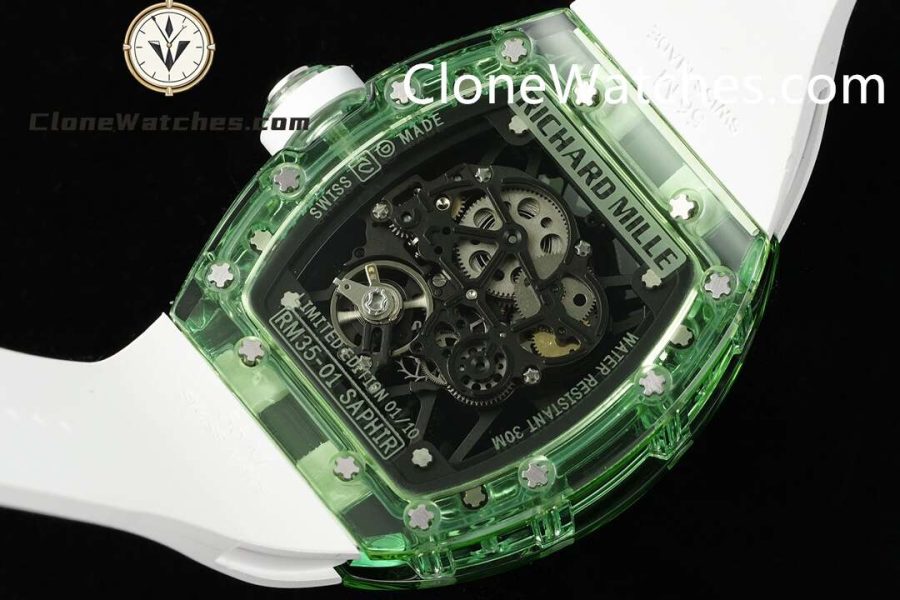 Richard Mille Super Clone Watches 1:1 RM 035 Green Crystal Tourbillon White Strap - Image 8