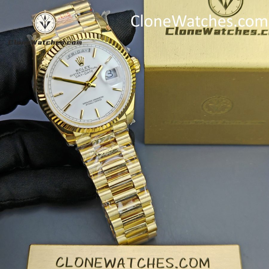 Rolex Super Clone Watches 1:1 Day Date 18K Gold White Dial 36mm m128238-0081 3255 Movement - Image 3