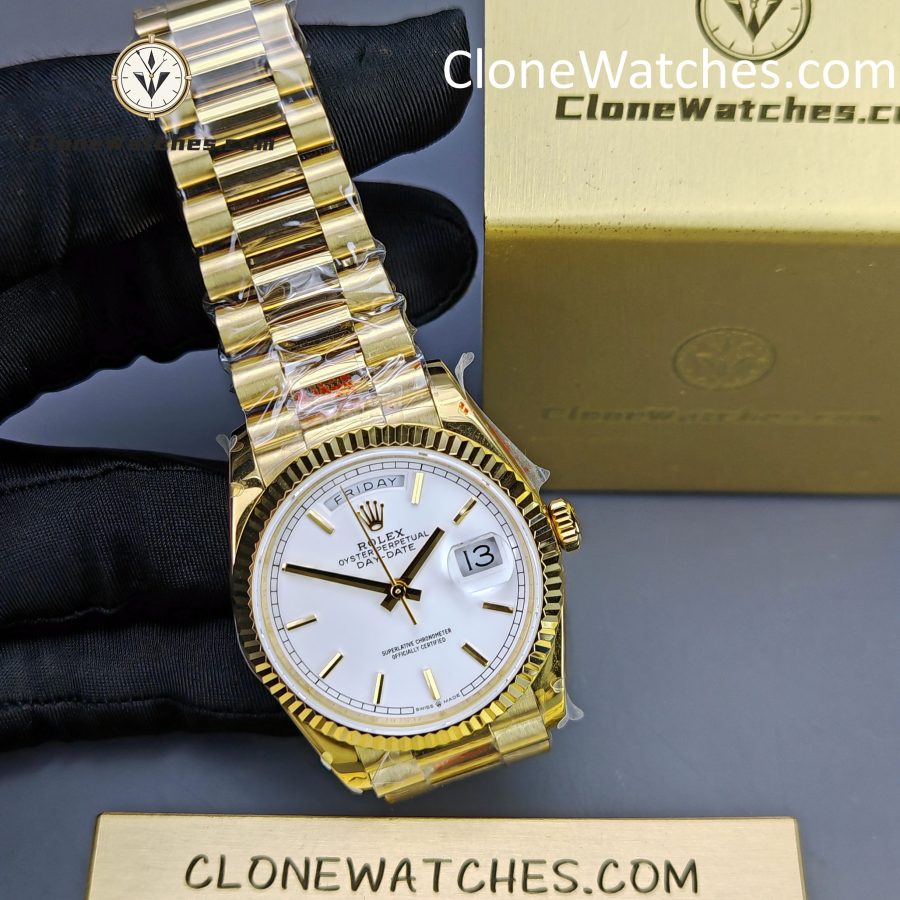 Rolex Super Clone Watches 1:1 Day Date 18K Gold White Dial 36mm m128238-0081 3255 Movement - Image 4