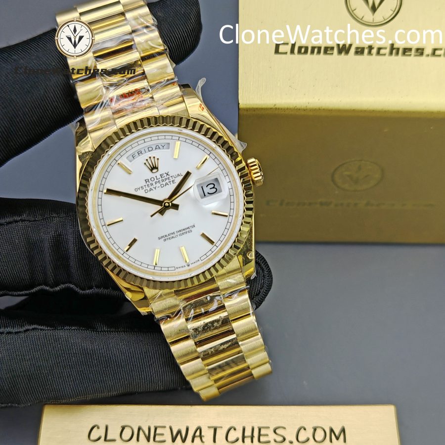 Rolex Super Clone Watches 1:1 Day Date 18K Gold White Dial 36mm m128238-0081 3255 Movement - Image 5