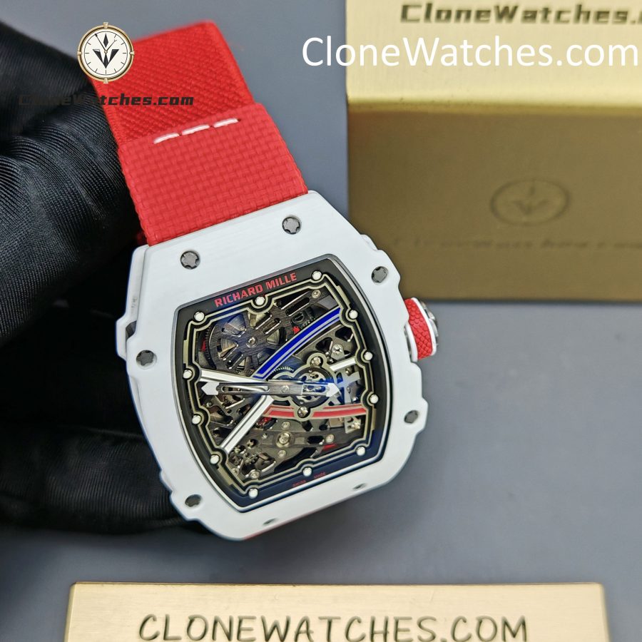 Richard Mille Super Clone Watches 1:1 RM 67 – 02 White Carbon Tourbillon Red Strap - Image 5