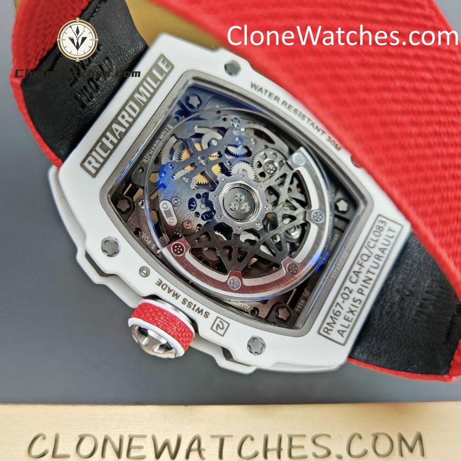 Richard Mille Super Clone Watches 1:1 RM 67 – 02 White Carbon Tourbillon Red Strap - Image 11