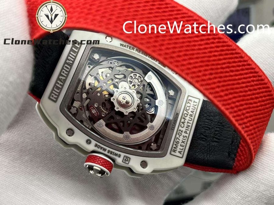 Richard Mille Super Clone Watches 1:1 RM 67 – 02 White Carbon Tourbillon Red Strap - Image 7