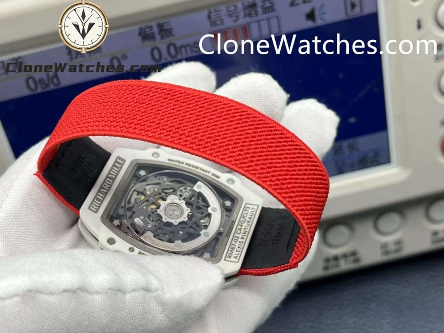 Richard Mille Super Clone Watches 1:1 RM 67 – 02 White Carbon Tourbillon Red Strap - Image 8