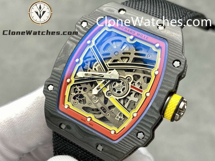 Richard Mille Super Clone Watches 1:1 RM 67 – 02 Carbon Tourbillon Red & Yellow Inner Bezel Black Strap - Image 4