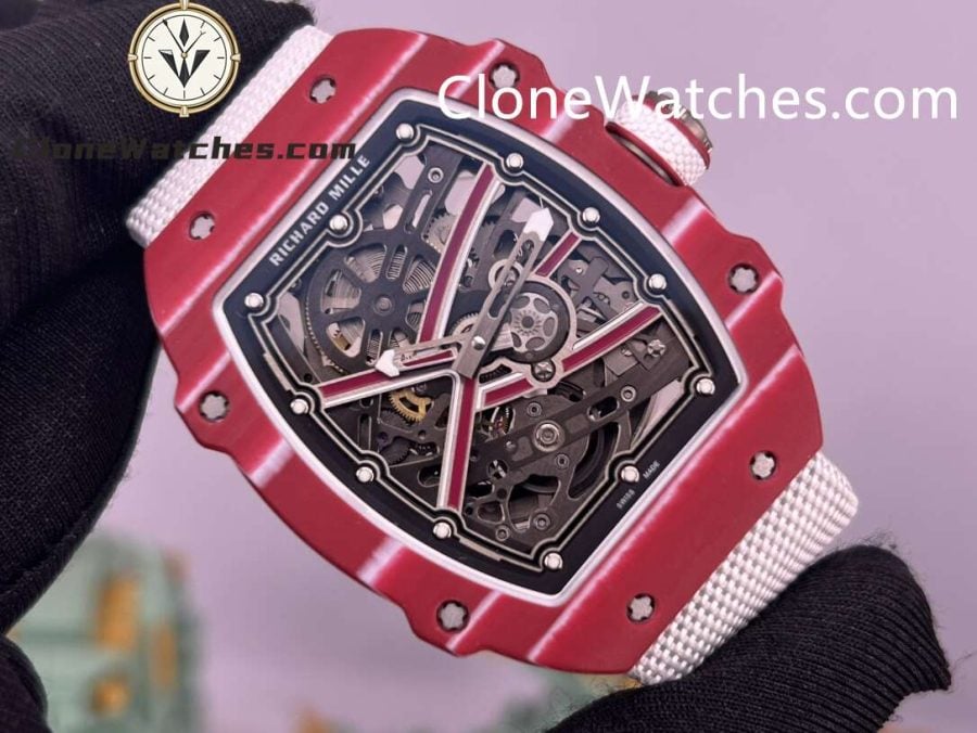 Richard Mille Super Clone Watches 1:1 RM 67 – 02 Red Carbon Tourbillon White Strap - Image 2