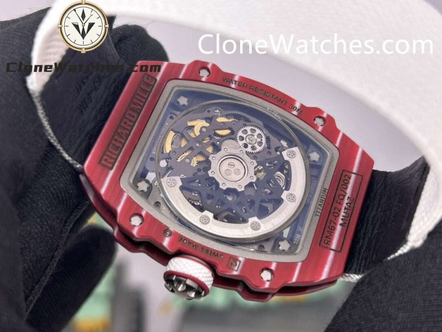 Richard Mille Super Clone Watches 1:1 RM 67 – 02 Red Carbon Tourbillon White Strap - Image 6