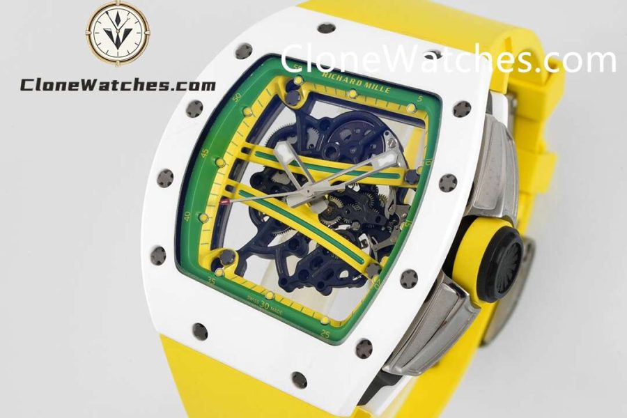 Richard Mille Super Clone Watches 1:1 RM 61-01 White Tourbillon Yellow Strap - Image 2